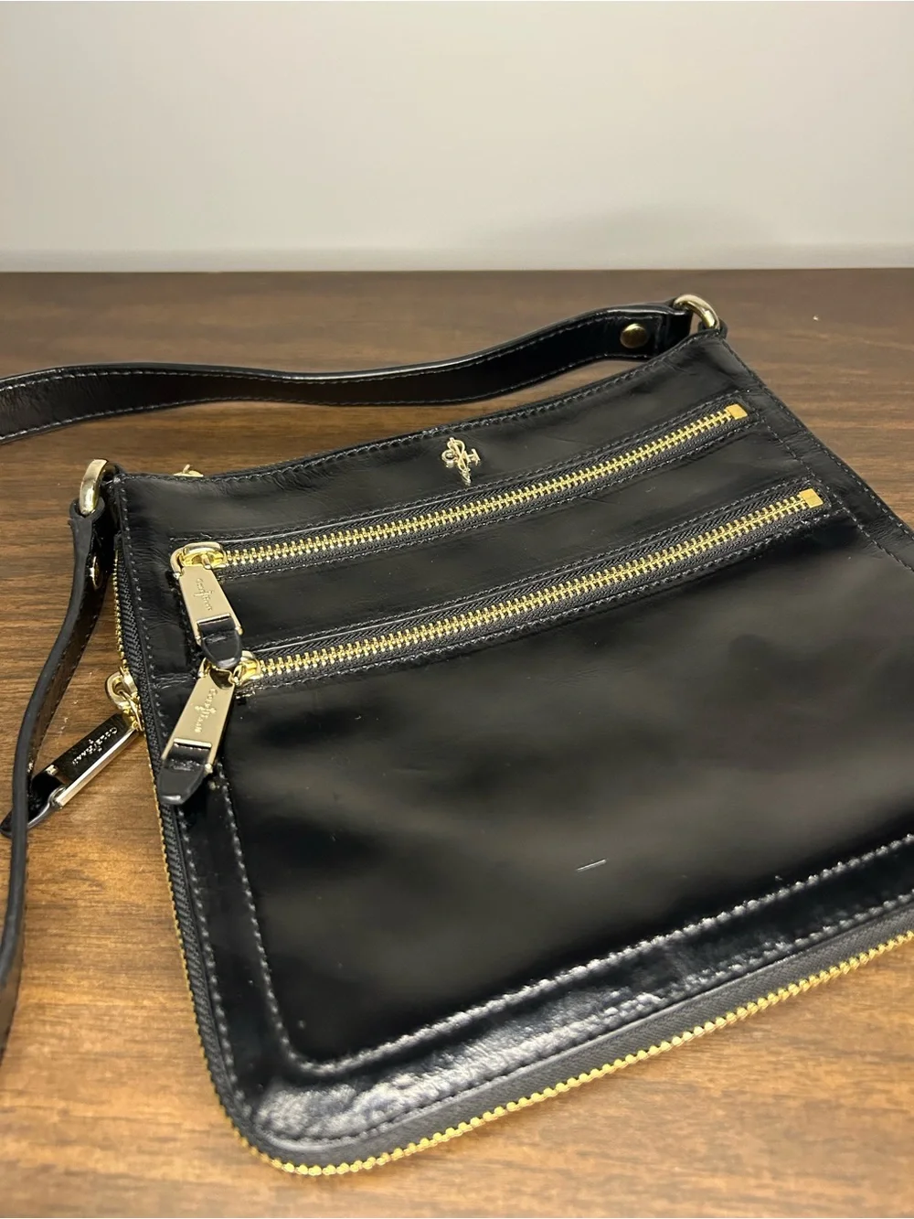 Cole Haan Black Patent Leather Pink Interior Double Zip Crossbody Bag